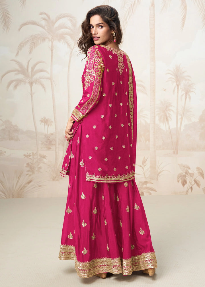 Raspberry Pink Chinon Silk Palazzo Set with Detailed Embroidery
