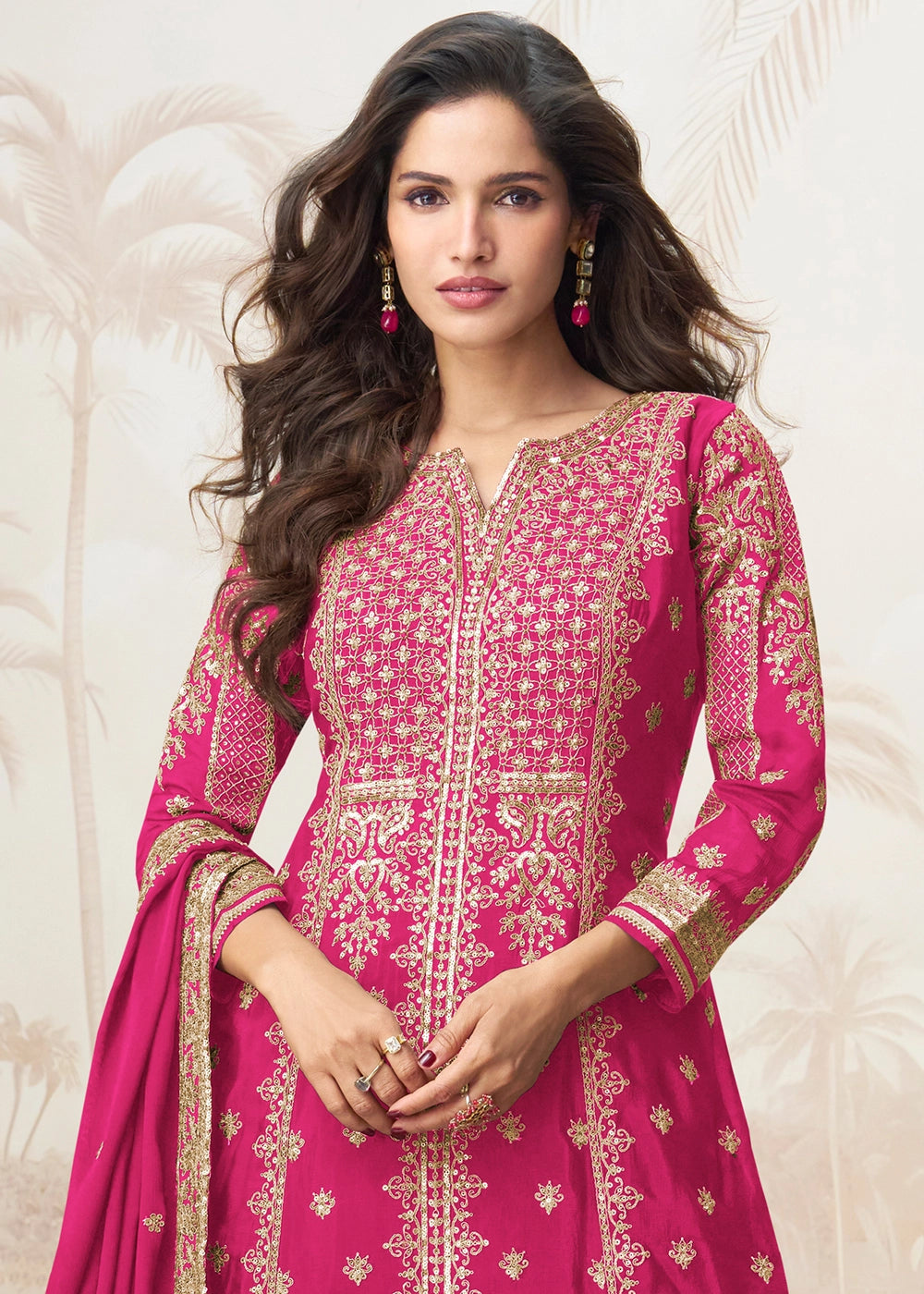 Raspberry Pink Chinon Silk Palazzo Set with Detailed Embroidery