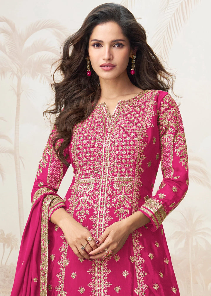 Raspberry Pink Chinon Silk Palazzo Set with Detailed Embroidery