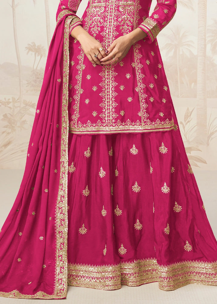 Raspberry Pink Chinon Silk Palazzo Set with Detailed Embroidery