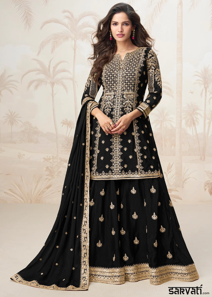 Raven Black Chinon Silk Palazzo Set with Detailed Embroidery