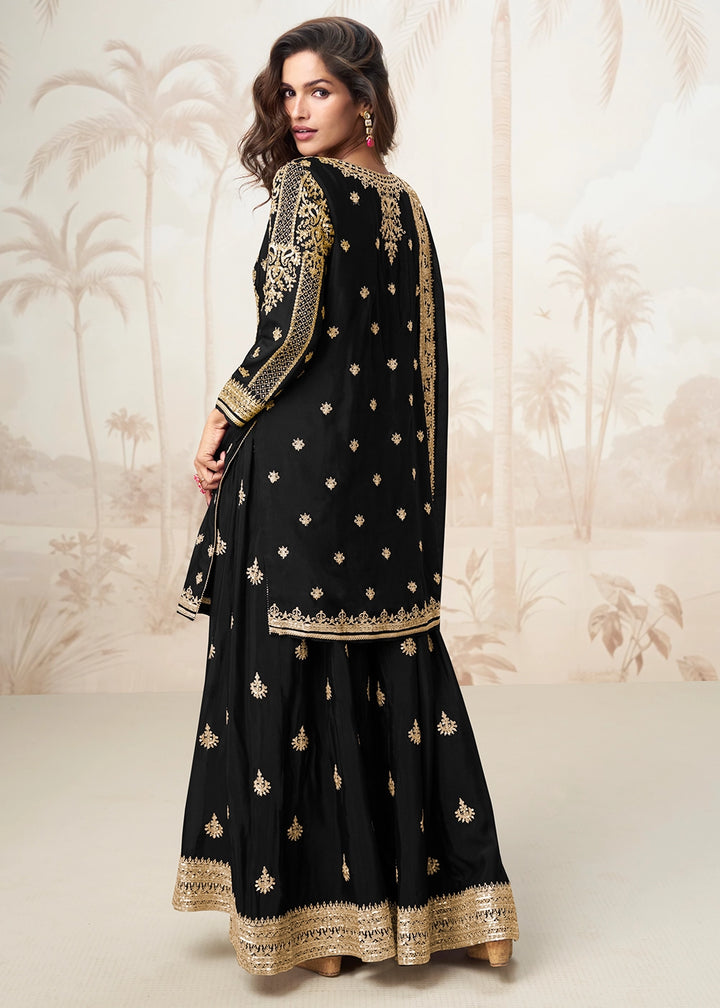 Raven Black Chinon Silk Palazzo Set with Detailed Embroidery