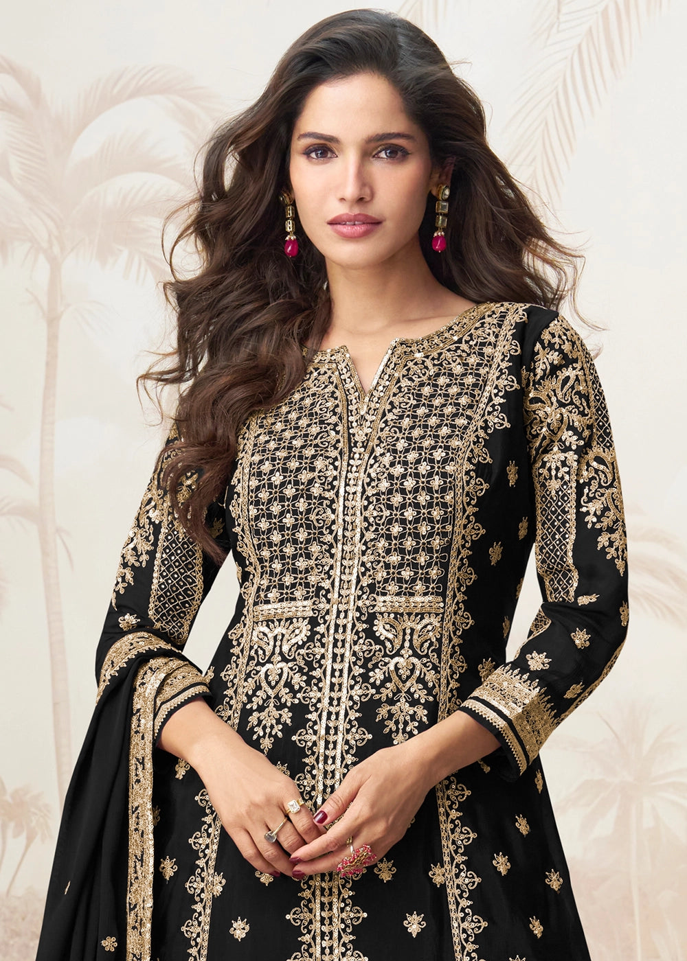 Raven Black Chinon Silk Palazzo Set with Detailed Embroidery