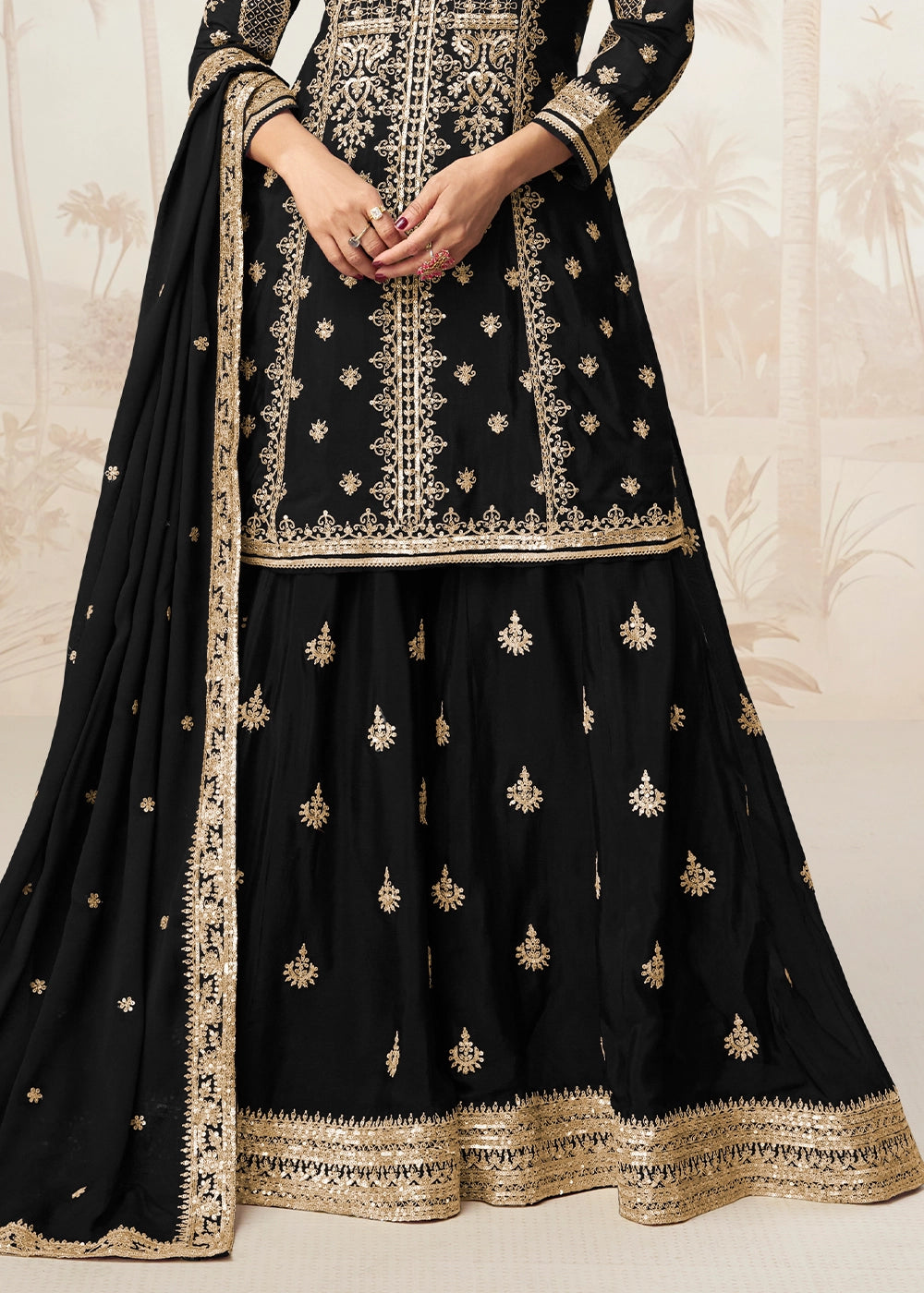 Raven Black Chinon Silk Palazzo Set with Detailed Embroidery
