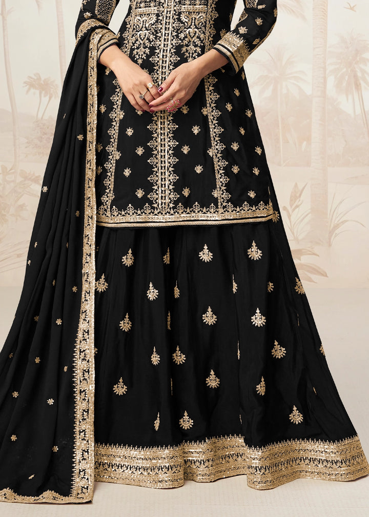 Raven Black Chinon Silk Palazzo Set with Detailed Embroidery