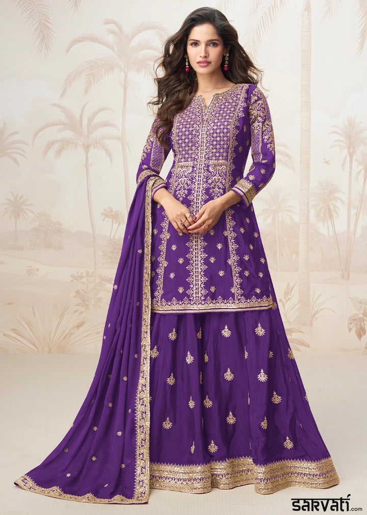 Electric Purple Chinon Silk Palazzo Set with Detailed Embroidery