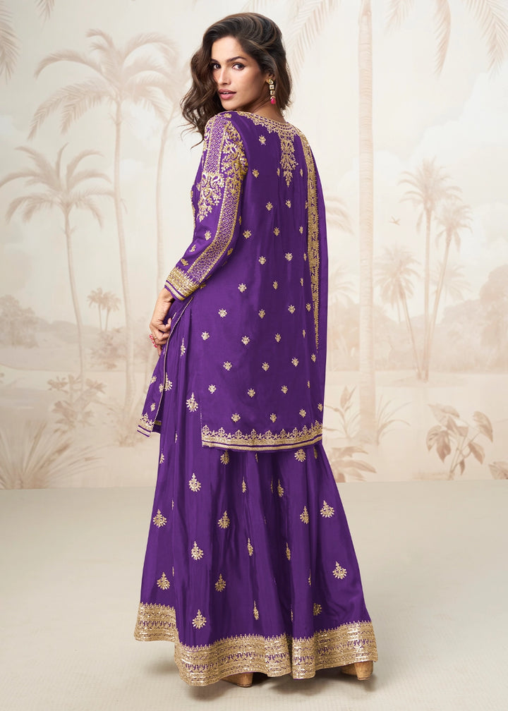 Electric Purple Chinon Silk Palazzo Set with Detailed Embroidery