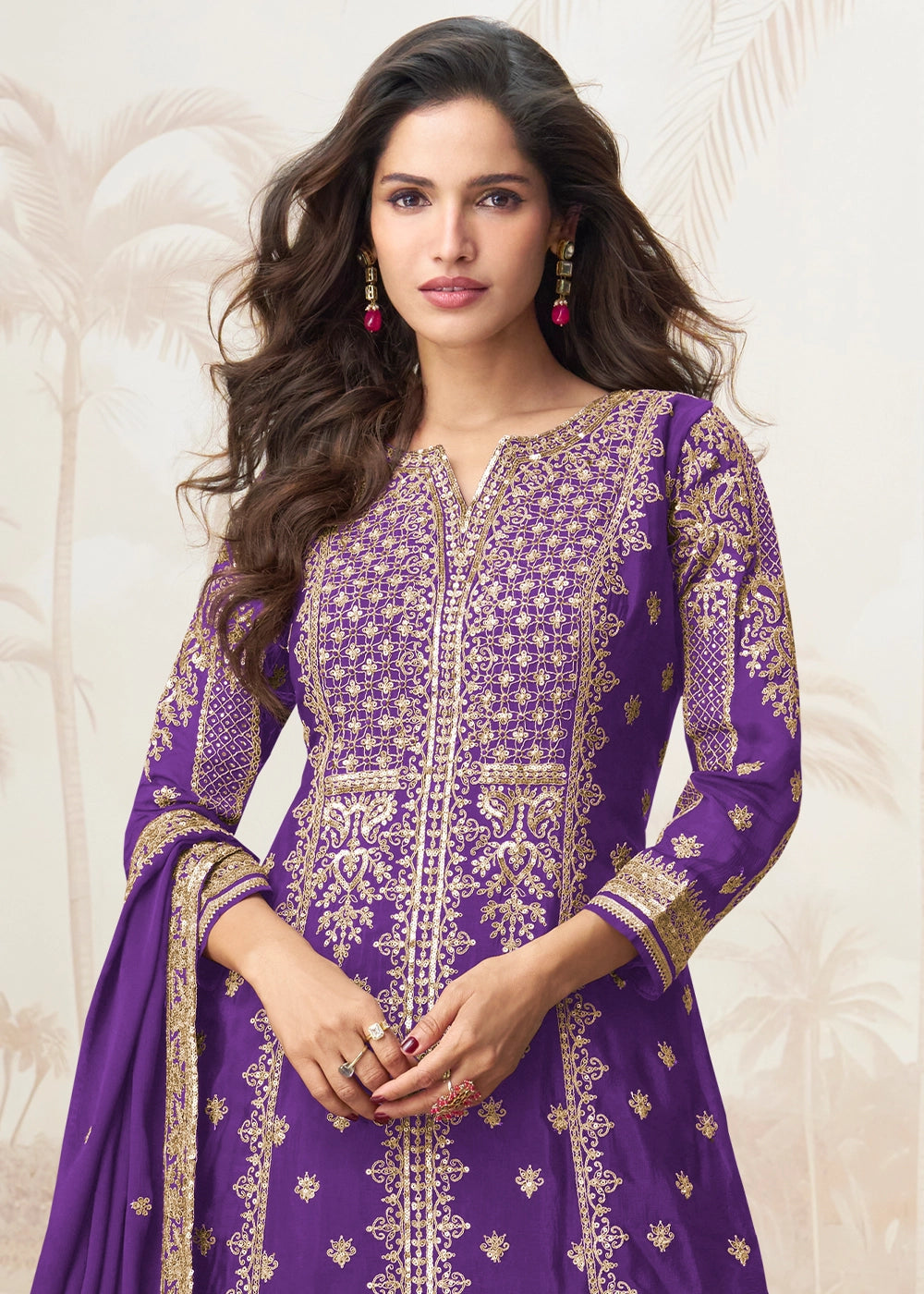 Electric Purple Chinon Silk Palazzo Set with Detailed Embroidery