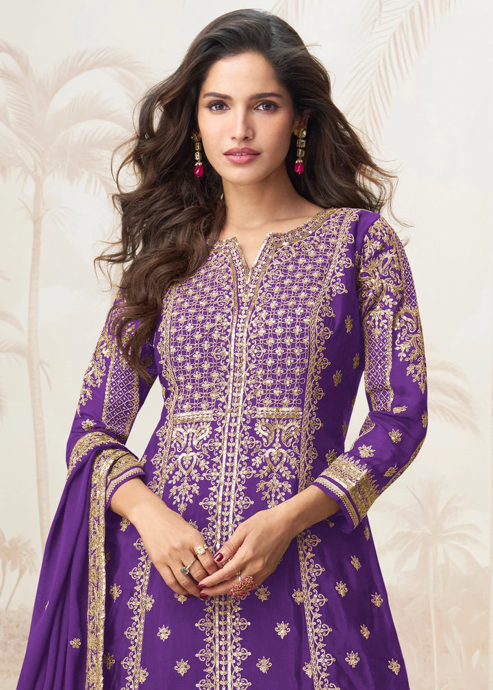 Electric Purple Chinon Silk Palazzo Set with Detailed Embroidery