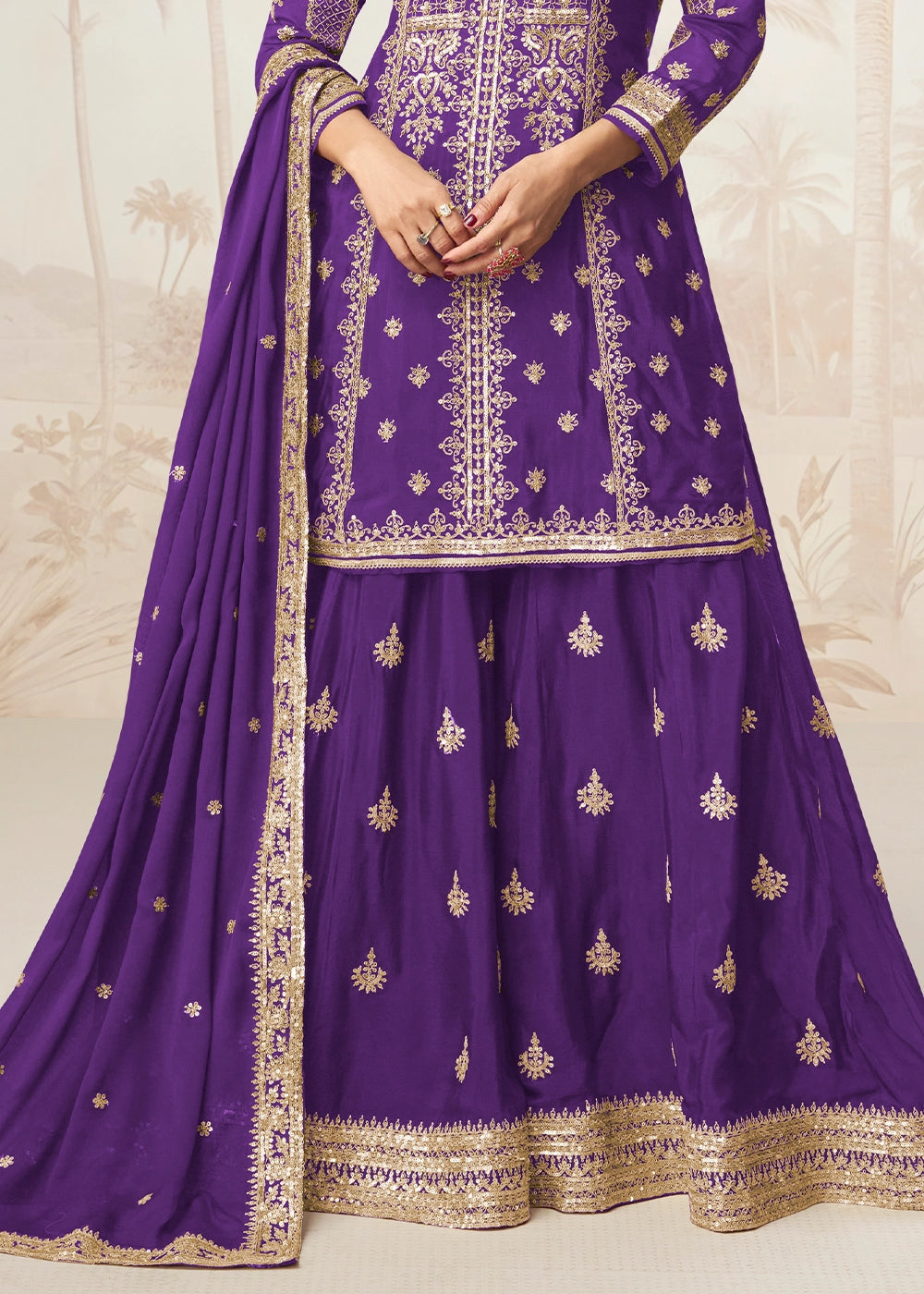Electric Purple Chinon Silk Palazzo Set with Detailed Embroidery