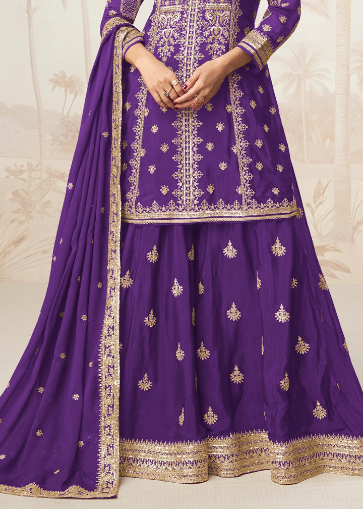 Electric Purple Chinon Silk Palazzo Set with Detailed Embroidery