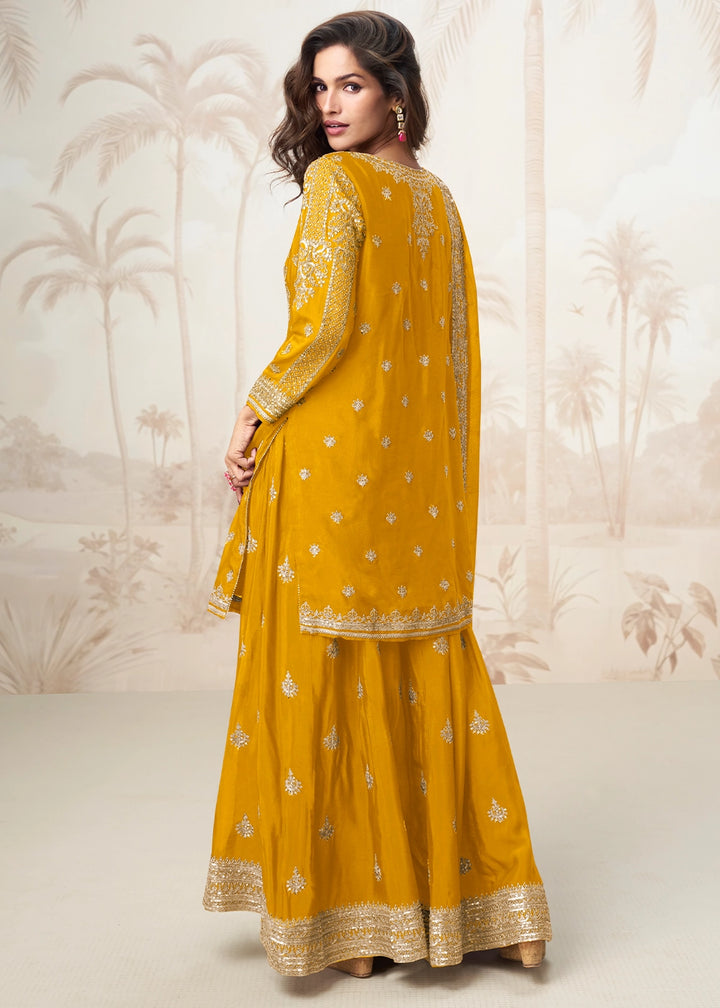 Mustard Yellow Chinon Silk Palazzo Set with Detailed Embroidery