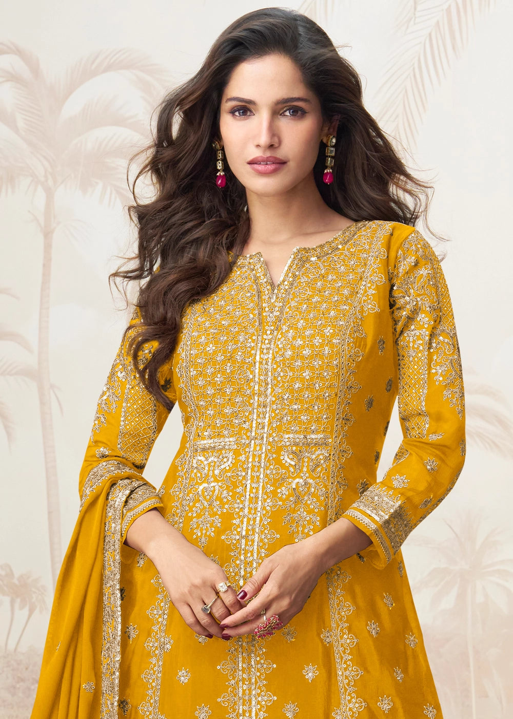 Mustard Yellow Chinon Silk Palazzo Set with Detailed Embroidery