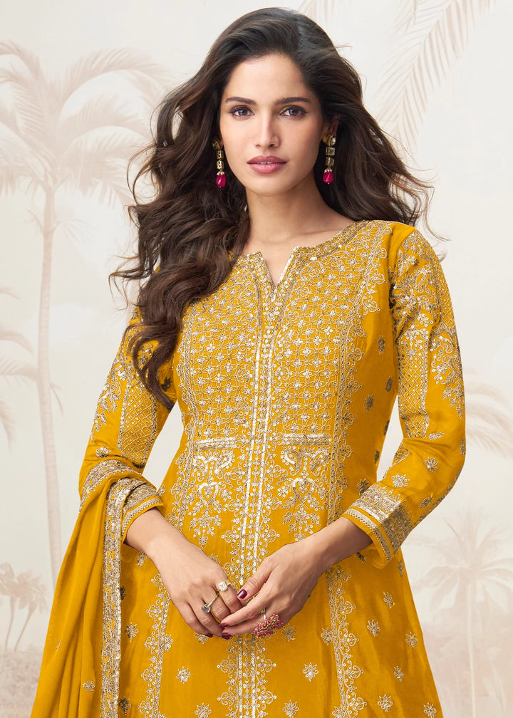 Mustard Yellow Chinon Silk Palazzo Set with Detailed Embroidery
