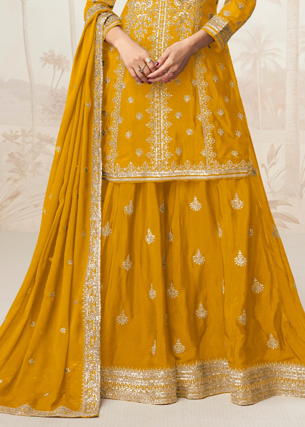 Mustard Yellow Chinon Silk Palazzo Set with Detailed Embroidery
