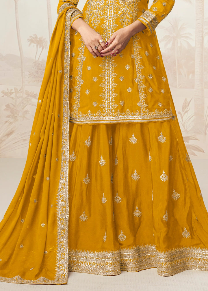 Mustard Yellow Chinon Silk Palazzo Set with Detailed Embroidery