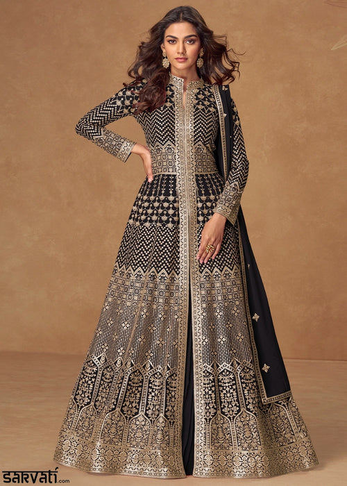 Onyx Black Georgette Top and Skirt Set with Full Embroidery Work