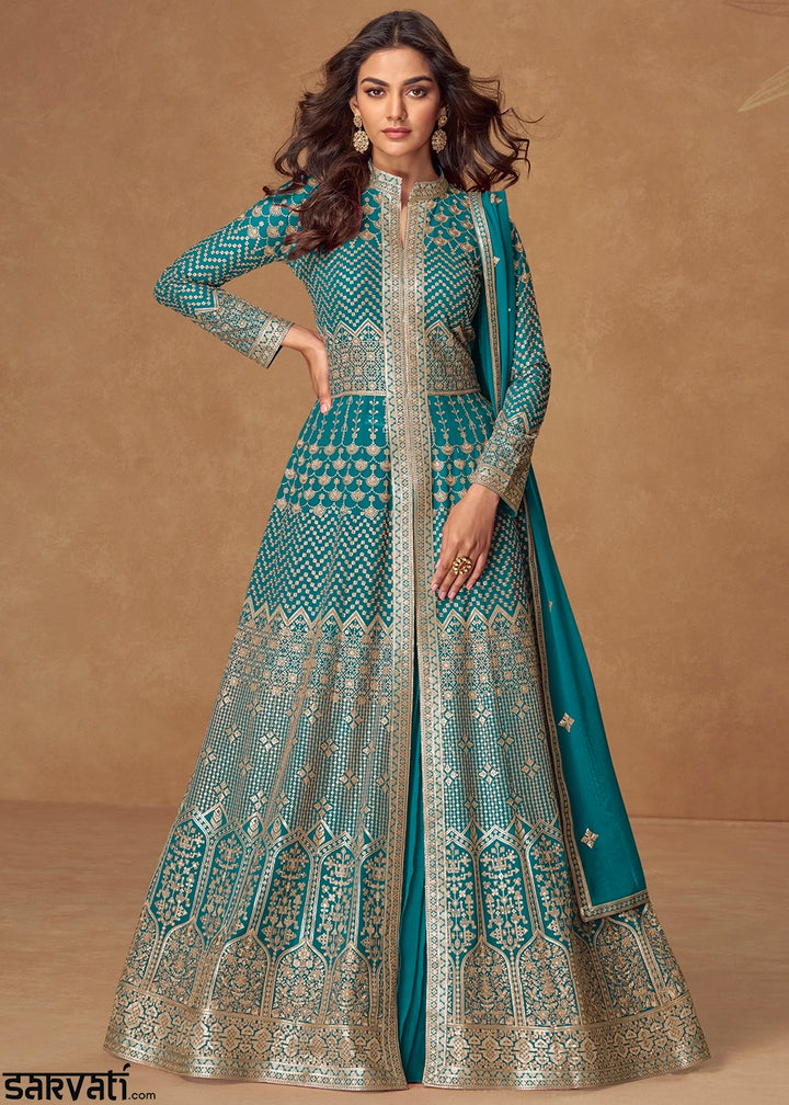 Cerulean Blue Georgette Top and Skirt Set with Full Embroidery Work
