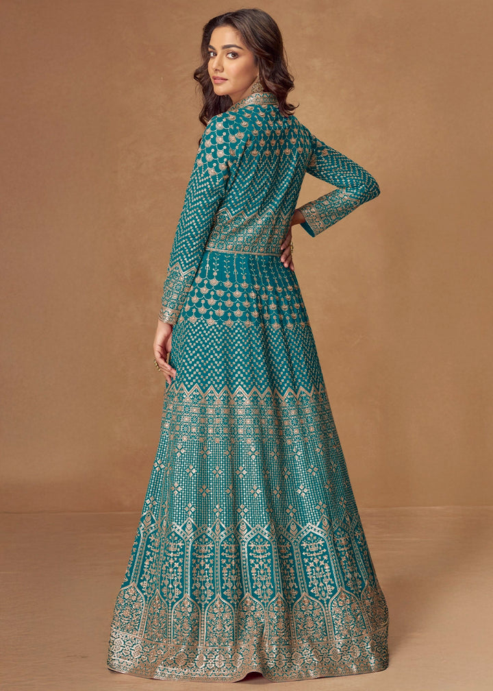Cerulean Blue Georgette Top and Skirt Set with Full Embroidery Work