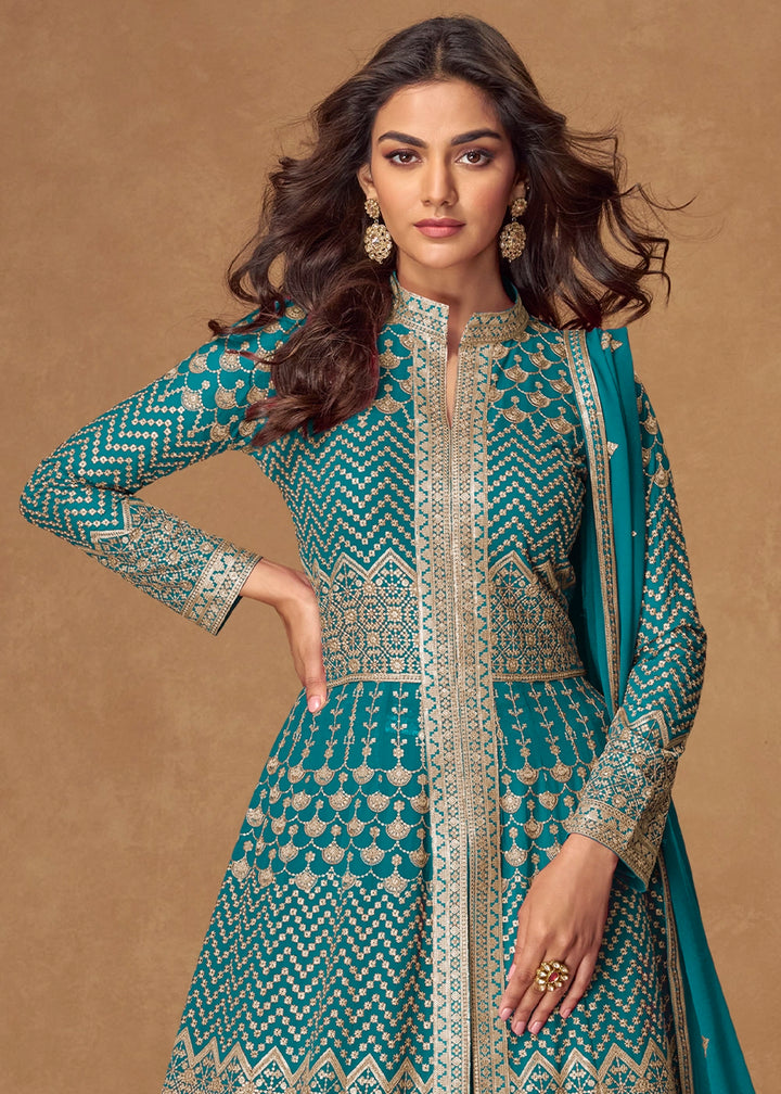 Cerulean Blue Georgette Top and Skirt Set with Full Embroidery Work