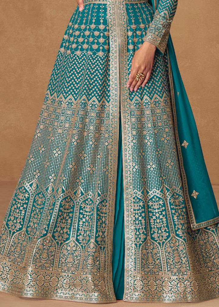 Cerulean Blue Georgette Top and Skirt Set with Full Embroidery Work