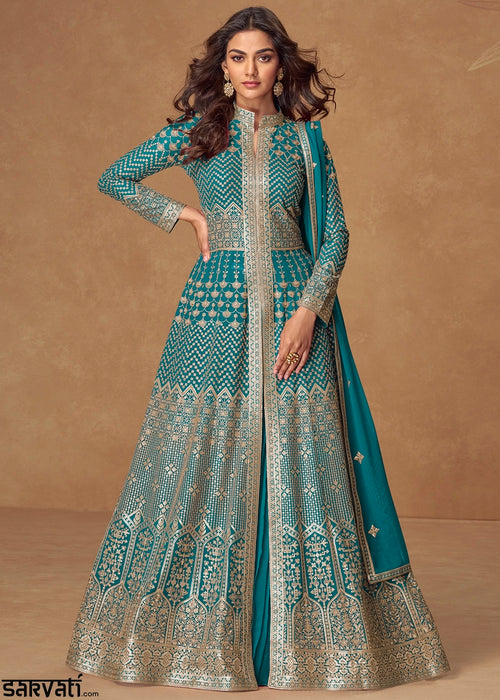 Cerulean Blue Georgette Top and Skirt Set with Full Embroidery Work