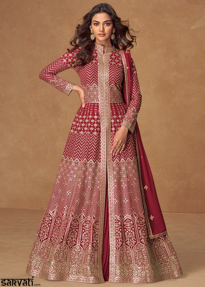Garnet Red Georgette Top and Skirt Set with Full Embroidery Work