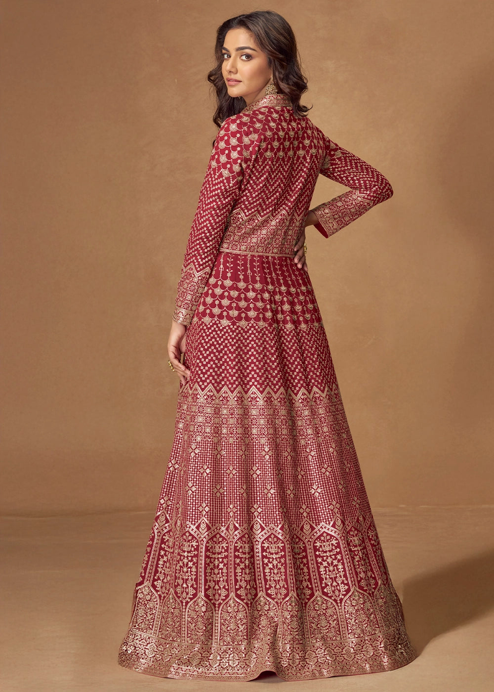 Garnet Red Georgette Top and Skirt Set with Full Embroidery Work