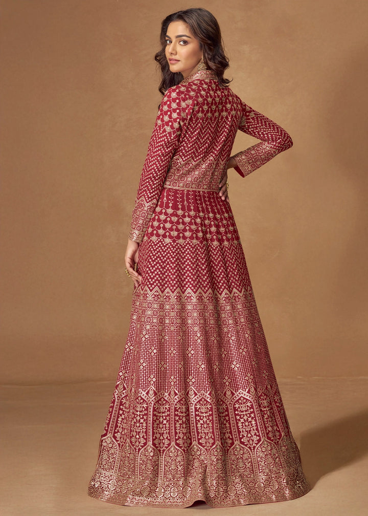 Garnet Red Georgette Top and Skirt Set with Full Embroidery Work