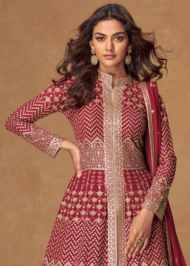 Garnet Red Georgette Top and Skirt Set with Full Embroidery Work