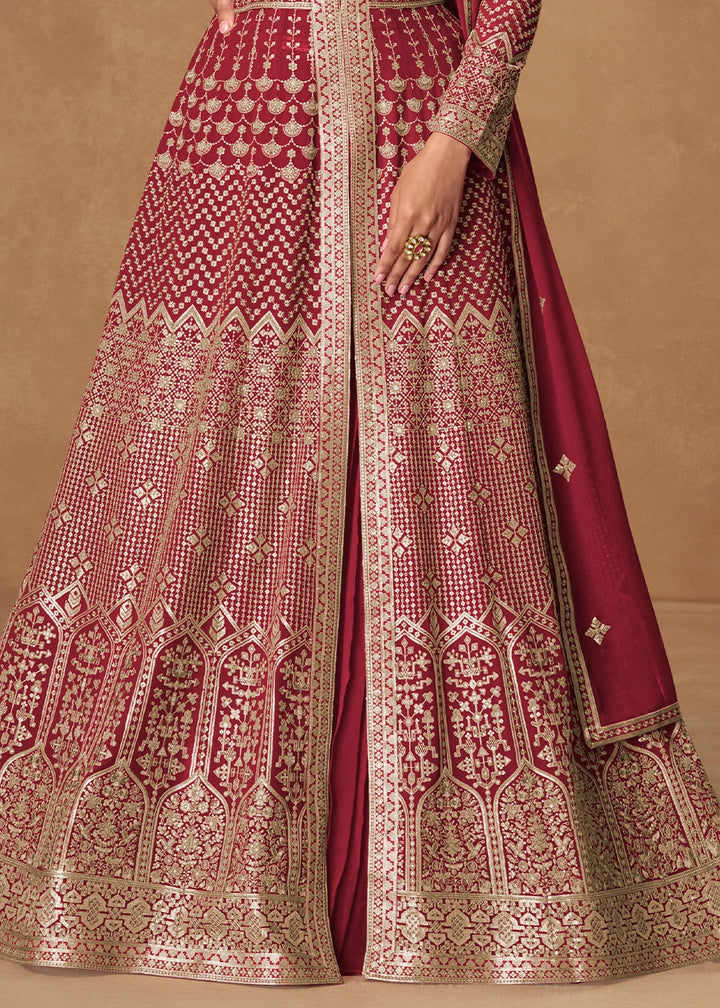 Garnet Red Georgette Top and Skirt Set with Full Embroidery Work