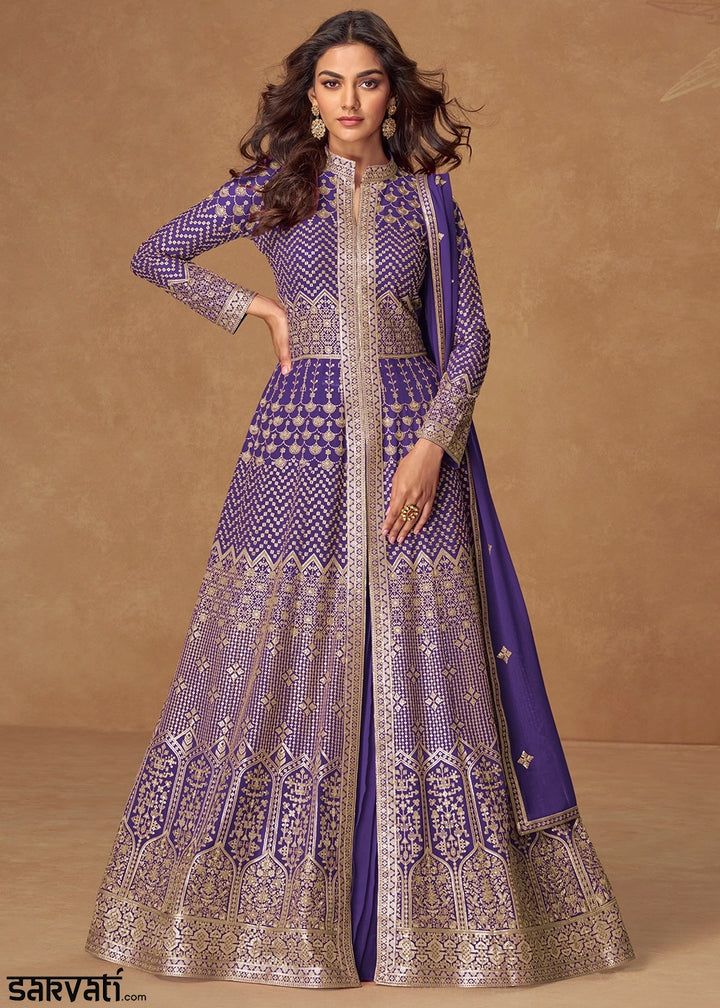 Electric Purple Georgette Top and Skirt Set with Full Embroidery Work