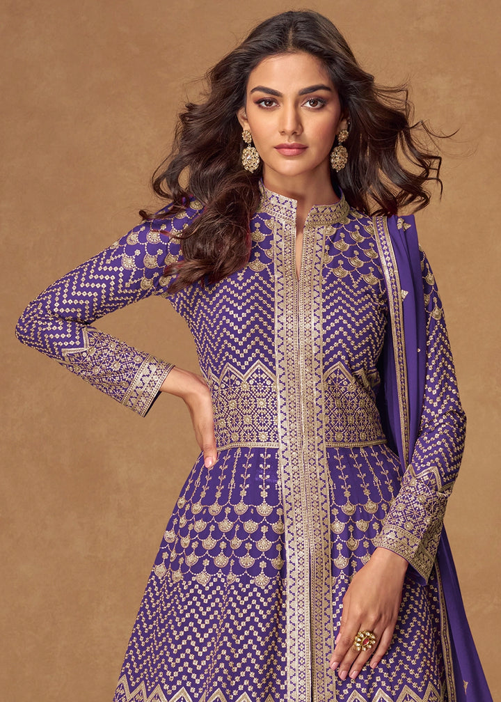 Electric Purple Georgette Top and Skirt Set with Full Embroidery Work