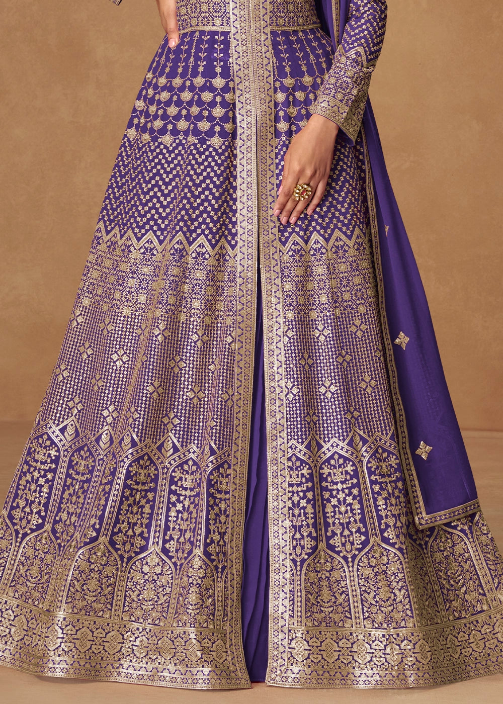 Electric Purple Georgette Top and Skirt Set with Full Embroidery Work
