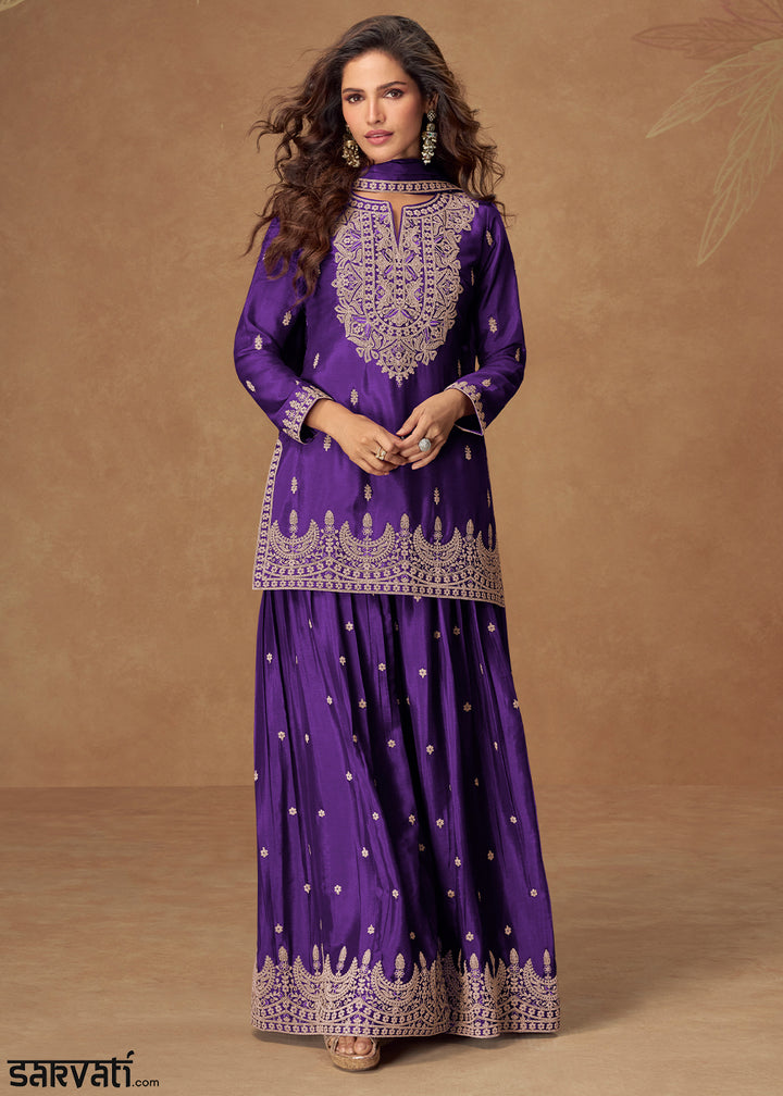 Indigo Purple Chinon Silk Palazo suit with Intricate embroidery work