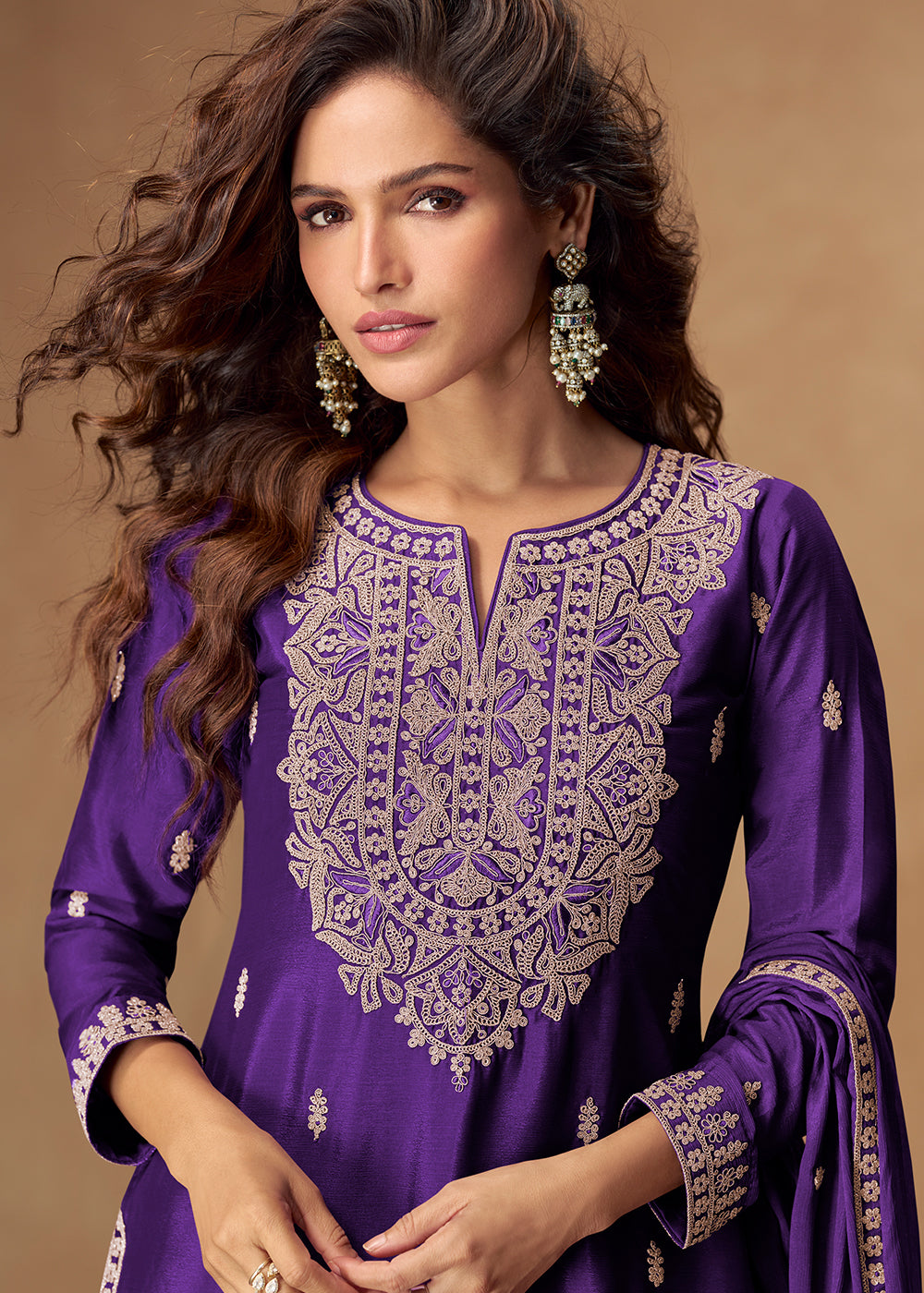 Indigo Purple Chinon Silk Palazo suit with Intricate embroidery work
