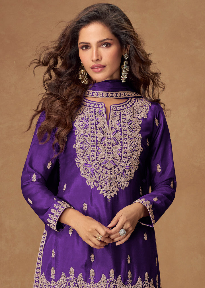 Indigo Purple Chinon Silk Palazo suit with Intricate embroidery work