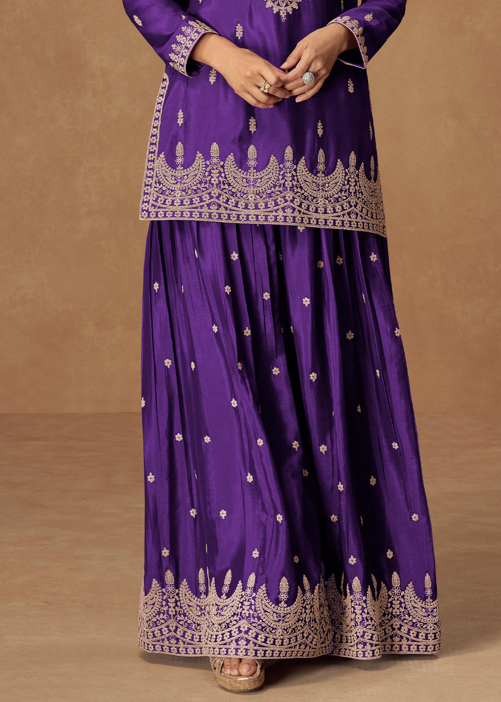 Indigo Purple Chinon Silk Palazo suit with Intricate embroidery work