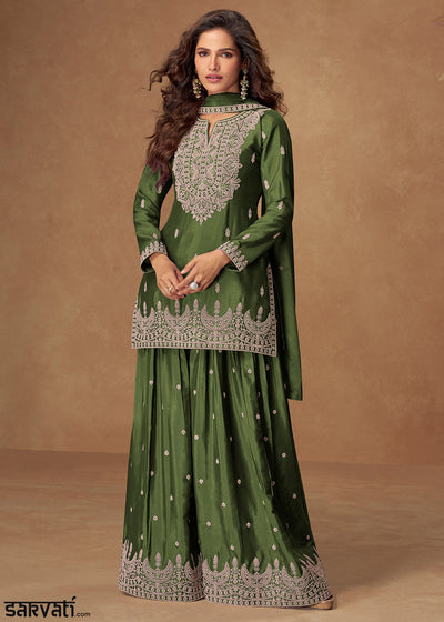Pickle Green Chinon Silk Palazo suit with Intricate embroidery work