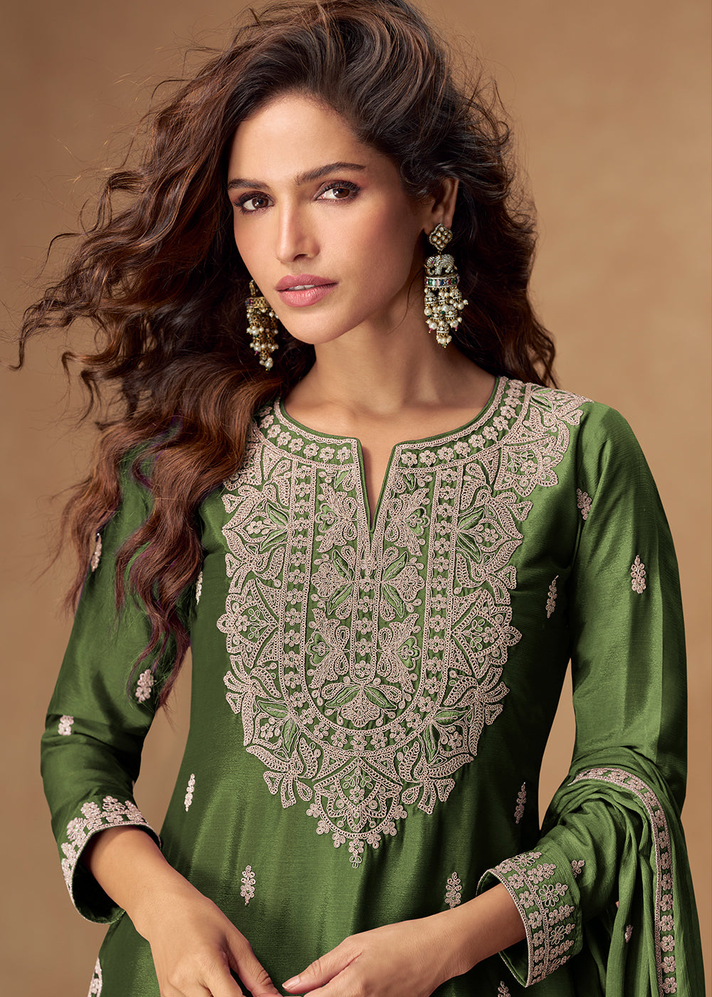 Pickle Green Chinon Silk Palazo suit with Intricate embroidery work