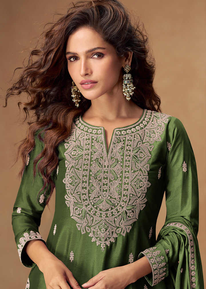 Pickle Green Chinon Silk Palazo suit with Intricate embroidery work