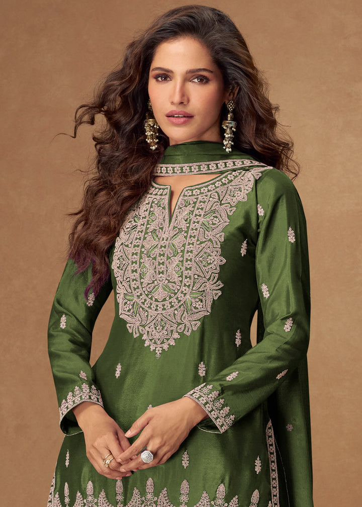 Pickle Green Chinon Silk Palazo suit with Intricate embroidery work
