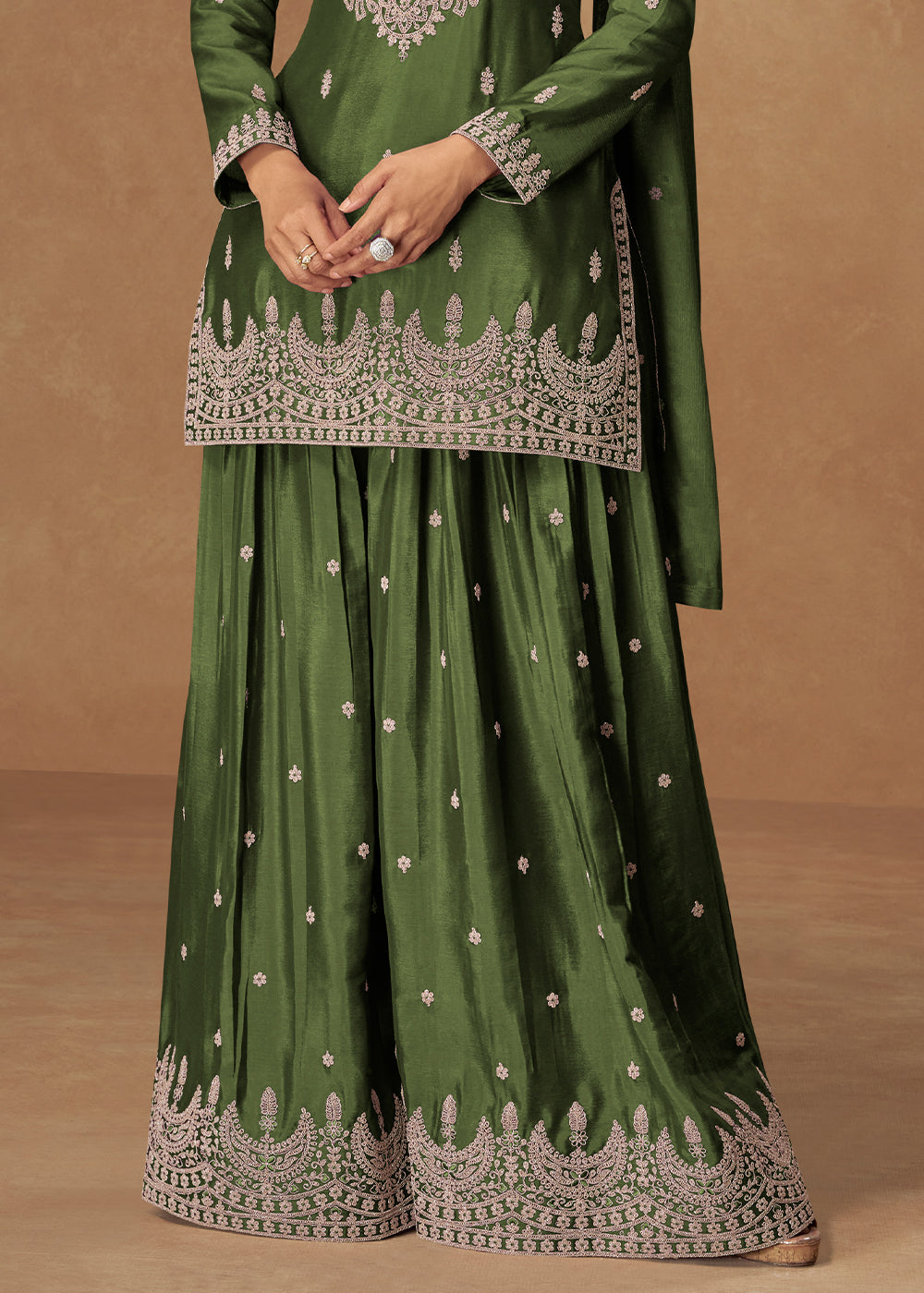 Pickle Green Chinon Silk Palazo suit with Intricate embroidery work