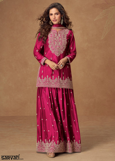 Magenta Pink Chinon Silk Palazo suit with Intricate embroidery work
