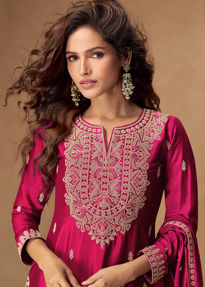 Magenta Pink Chinon Silk Palazo suit with Intricate embroidery work