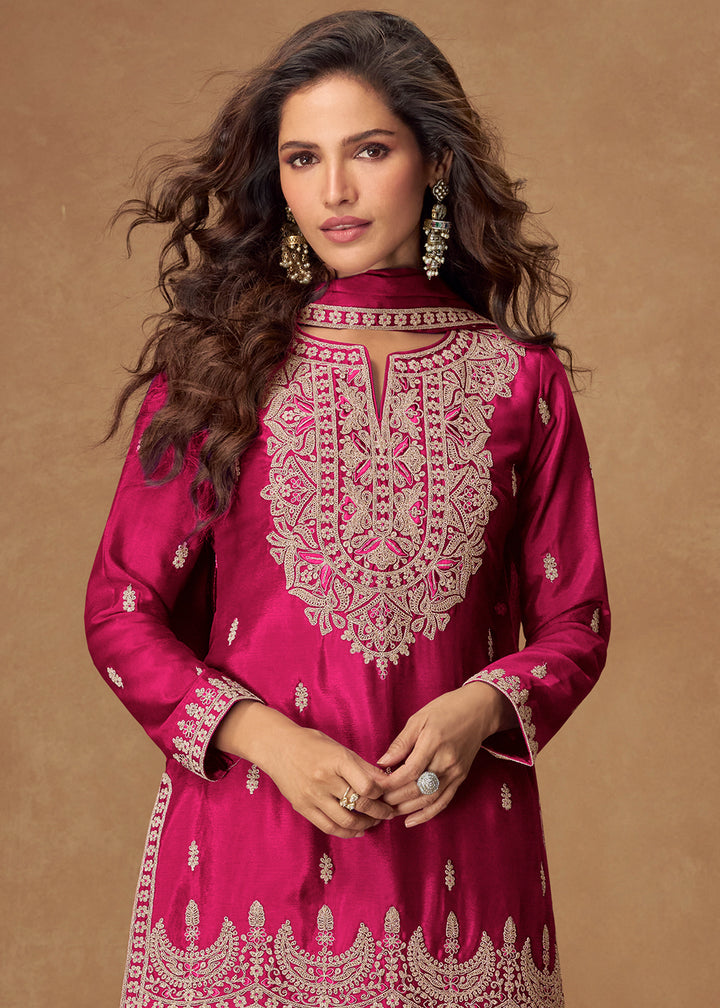 Magenta Pink Chinon Silk Palazo suit with Intricate embroidery work
