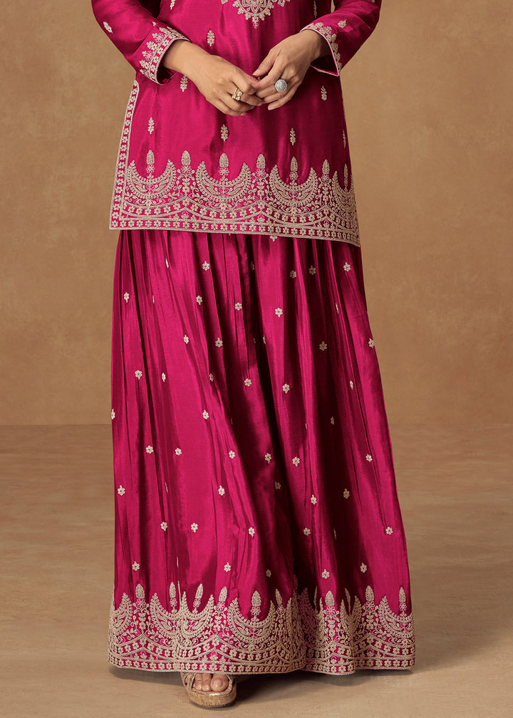 Magenta Pink Chinon Silk Palazo suit with Intricate embroidery work