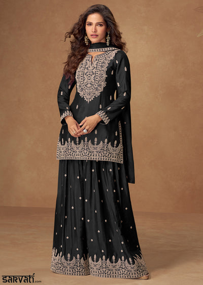Charcoal Black Chinon Silk Palazo suit with Intricate embroidery work