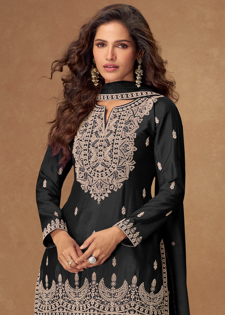 Charcoal Black Chinon Silk Palazo suit with Intricate embroidery work