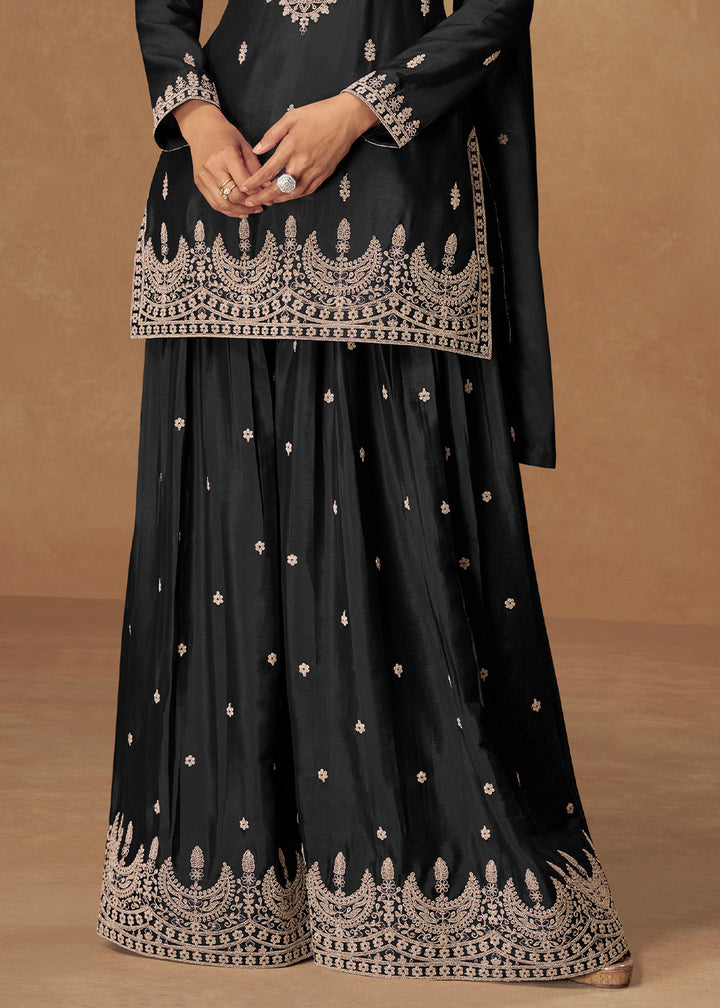 Charcoal Black Chinon Silk Palazo suit with Intricate embroidery work